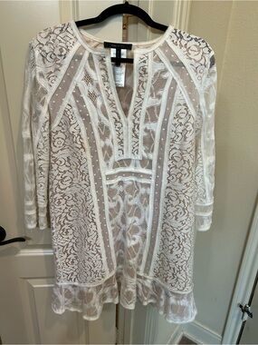 BCBGMaxAzria White Lace Long-Sleeve Tunic Dress